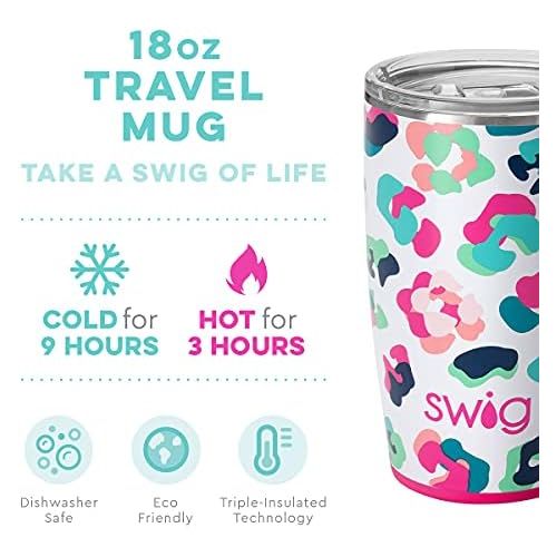  [아마존베스트]Swig Life 18oz Triple Insulated Travel Mug with Handle and Lid, Dishwasher Safe, Double Wall, and Vacuum Sealed Stainless Steel Coffee Mug in Party Animal Print (Multiple Patterns