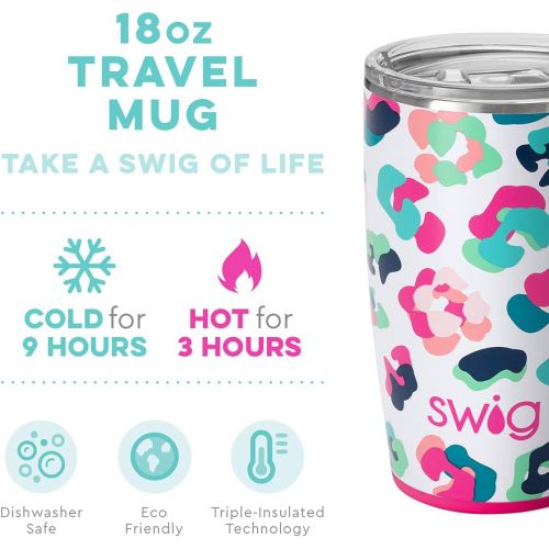  [아마존베스트]Swig Life 18oz Triple Insulated Travel Mug with Handle and Lid, Dishwasher Safe, Double Wall, and Vacuum Sealed Stainless Steel Coffee Mug in Party Animal Print (Multiple Patterns