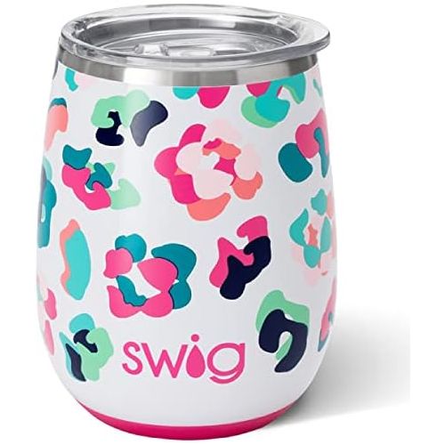  [아마존베스트]Swig Life 14oz Triple Insulated Stainless Steel Stemless Wine Tumbler with Slider Lid, Dishwasher Safe, Vacuum Insulated Travel Wine Glass in Party Animal Print (Multiple Patterns