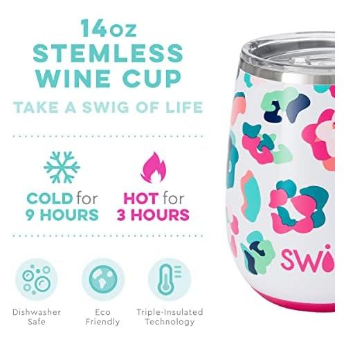  [아마존베스트]Swig Life 14oz Triple Insulated Stainless Steel Stemless Wine Tumbler with Slider Lid, Dishwasher Safe, Vacuum Insulated Travel Wine Glass in Party Animal Print (Multiple Patterns