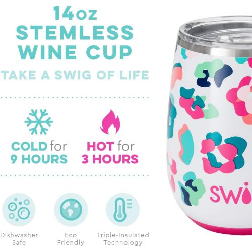  [아마존베스트]Swig Life 14oz Triple Insulated Stainless Steel Stemless Wine Tumbler with Slider Lid, Dishwasher Safe, Vacuum Insulated Travel Wine Glass in Party Animal Print (Multiple Patterns