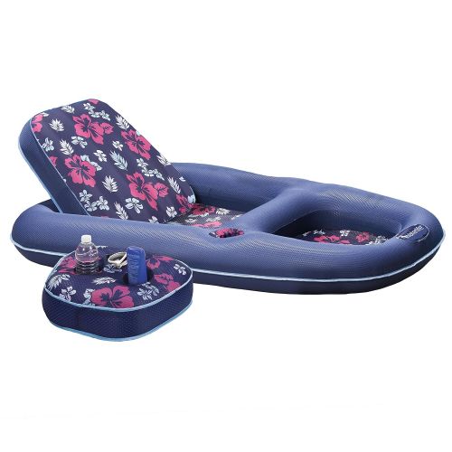 스윔웨이즈 SwimWays Aqua Campania Ultimate 2 in 1 Recliner & Tanner Lounge with Adjustable Backrest and Caddy, Inflatable Pool Float, Navy