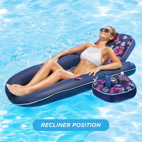 스윔웨이즈 SwimWays Aqua Campania Ultimate 2 in 1 Recliner & Tanner Lounge with Adjustable Backrest and Caddy, Inflatable Pool Float, Navy