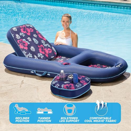 스윔웨이즈 SwimWays Aqua Campania Ultimate 2 in 1 Recliner & Tanner Lounge with Adjustable Backrest and Caddy, Inflatable Pool Float, Navy