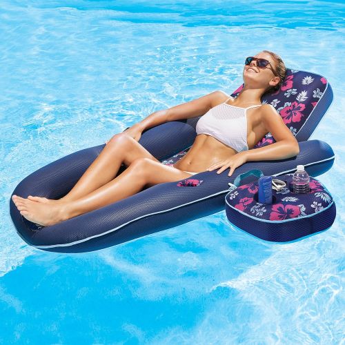 스윔웨이즈 SwimWays Aqua Campania Ultimate 2 in 1 Recliner & Tanner Lounge with Adjustable Backrest and Caddy, Inflatable Pool Float, Navy