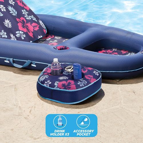 스윔웨이즈 SwimWays Aqua Campania Ultimate 2 in 1 Recliner & Tanner Lounge with Adjustable Backrest and Caddy, Inflatable Pool Float, Navy