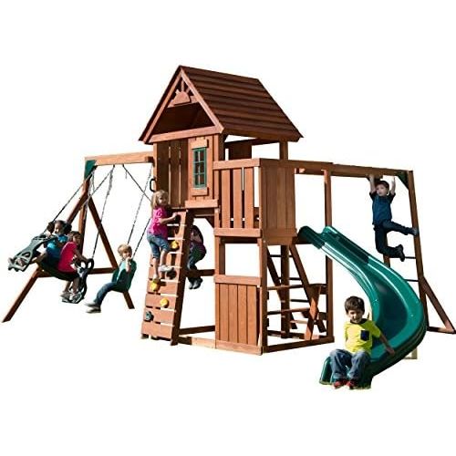  Swing-N-Slide PB 8272 Cedar Brook Play Set with Two Swings, Slide, Monkey Bars, Picnic Table and Glider, Green