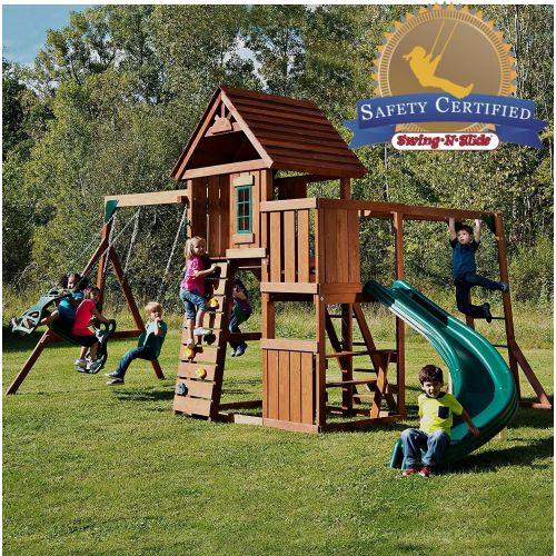  Swing-N-Slide PB 8272 Cedar Brook Play Set with Two Swings, Slide, Monkey Bars, Picnic Table and Glider, Green