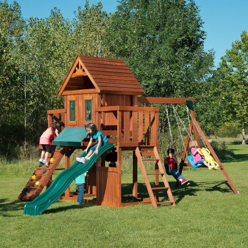  Swing-N-Slide Winchester Wood Complete Play Set with Two Swings, Slide, Rock Wall, Picnic Table and Glider