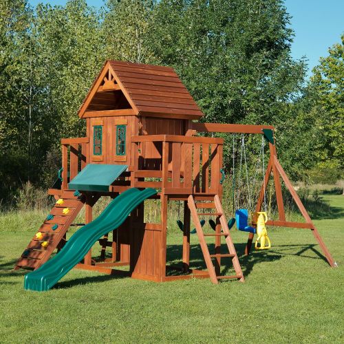  Swing-N-Slide Winchester Wood Complete Play Set with Two Swings, Slide, Rock Wall, Picnic Table and Glider