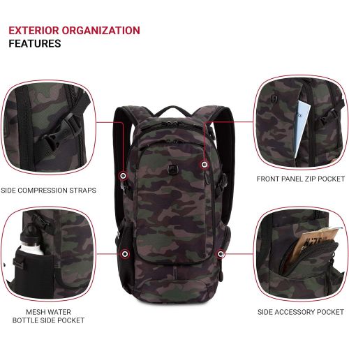  SwissGear Small/Compact Organizer Backpack - Narrow Profile Daypack (Camo/Green)