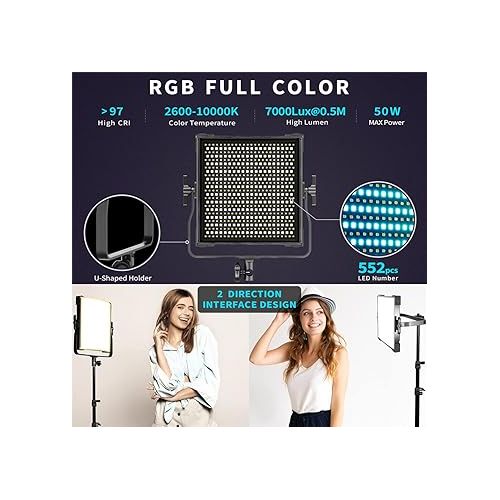  RGB Video Light, Full Color Studio Photography Lighting Kit, 50W LED Panel Light with Softbox, 552 LEDs/CRI 97+, 2600K-10000K/0-360 Adjustable Colors/9 Kinds of The Scene Lights
