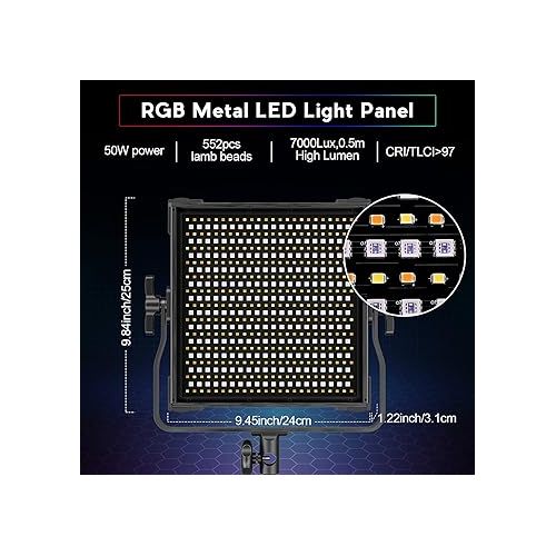  RGB Video Light, 50W Full Color Photography Lights, LED Video Panel Light, 552 pcs LEDs/CRI >97, 2600K-10000K/Brightness 0-100%/0-360 Adjustable Colors/9 Applicable Scenes