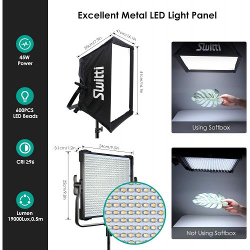  [아마존베스트]Switti 2-Packs 600 LED Video Light, Dimmable Bi-Color 3000K-8000K CRI96+ Panel Light, Photography Lighting Kit with Light Stand and Softbox for Portrait Shooting Video Recording