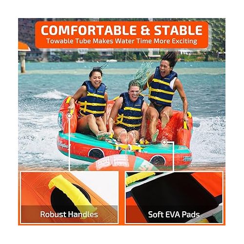  Swonder 3 Person Towable Tubes for Boating, Water Tubes for Boats to Pull, Heavy-Duty Front & Back Tow Points Inflatable Boat Tube with Stronger 840D Nylon Cover