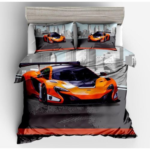  SxinHome Orange Speed Sport car Bedding Set for Teen Boys, Duvet Cover Set,3pcs 1 Duvet Cover 2 Pillowcases(no Comforter inside), Queen Size