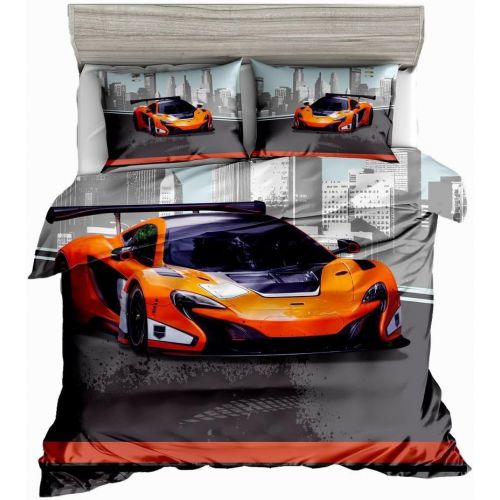  SxinHome Orange Speed Sport car Bedding Set for Teen Boys, Duvet Cover Set,3pcs 1 Duvet Cover 2 Pillowcases(no Comforter inside), Queen Size