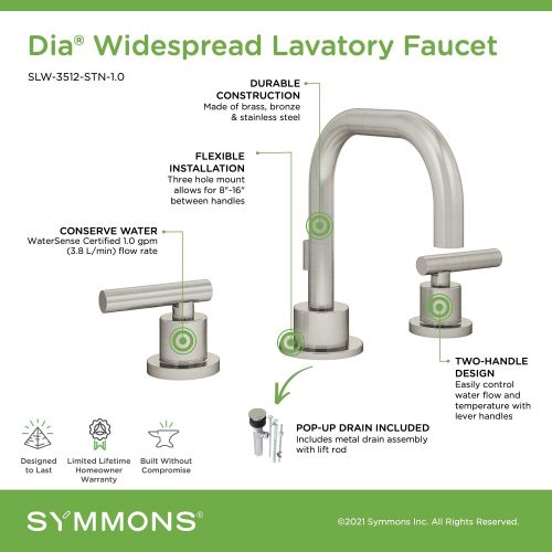  Symmons SLW-3512-STN-1.0 Dia Widespread 2-Handle Bathroom Faucet with Drain Assembly in Satin Nickel (1.0 GPM)