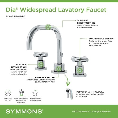  Symmons SLW-3512-H3-1.0 Dia Widespread 2-Handle Bathroom Faucet with Drain Assembly in Polished Chrome (1.0 GPM)
