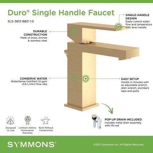  Symmons SLS-3612-BBZ-1.0 Duro Single Hole Single-Handle Bathroom Faucet with Drain Assembly in Brushed Bronze (1.0 GPM)