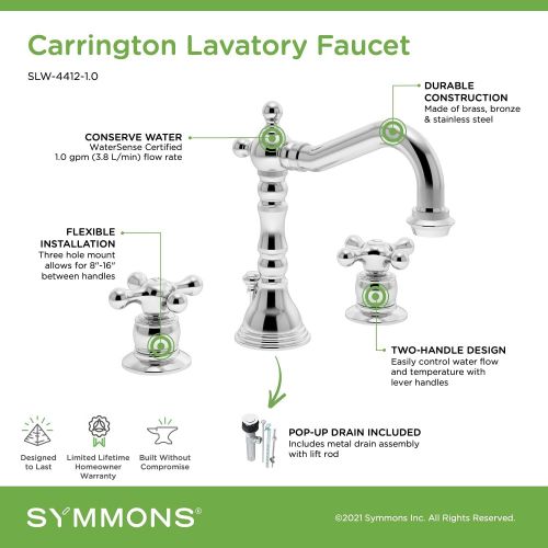  Symmons SLW-4412-1.0 Carrington Widespread 2-Handle Bathroom Faucet with Drain Assembly in Polished Chrome (1.0 GPM)