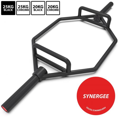  Iheartsynergee Synergee 25kg Chrome & Black Olympic Hex Barbell with Two Handles for Squats, Deadlifts, Shrugs and Power Pulls