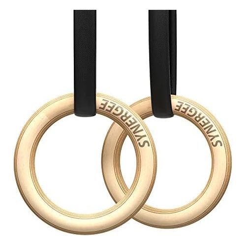  Synergee Wood Olympic Gymnastics Rings 1.25 and 1 Grip with Adjustable Straps & Grip Tape for Pull Ups, Dips and Muscle Ups