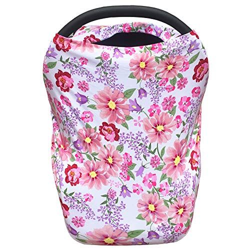  [아마존베스트]Synrroe Baby Car Seat Canopy Extra Soft and Stretchy Purple and Pink Floral Nursing Cover