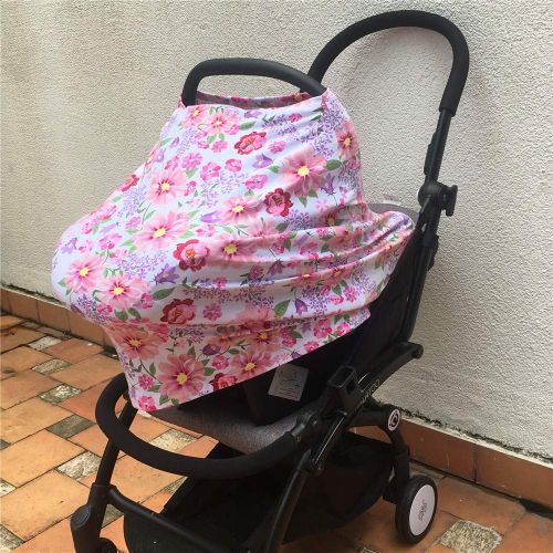  [아마존베스트]Synrroe Baby Car Seat Canopy Extra Soft and Stretchy Purple and Pink Floral Nursing Cover