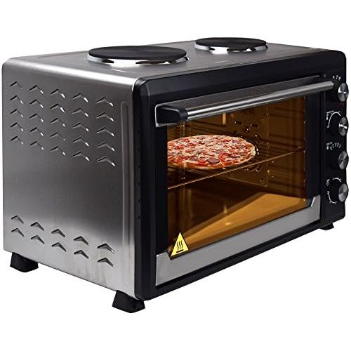  Syntrox Germany 60 Liter Mini Stand Backofen mit Umluft und Drehspiess kleinkueche Miniekueche mit 2 Kochplatten Miniofen Minibackofen Pizzaofen