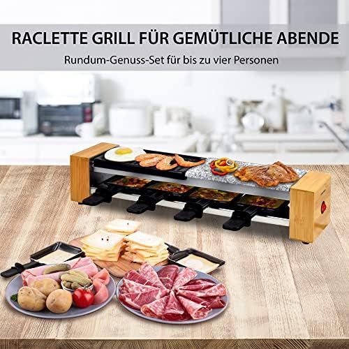  [아마존베스트]Syntrox Germany RAC-600W Corippo Raclette Grill with Non-Stick Grill Plate and Natural Stone Plate (Hot Stone) for 4 People, Wooden Design