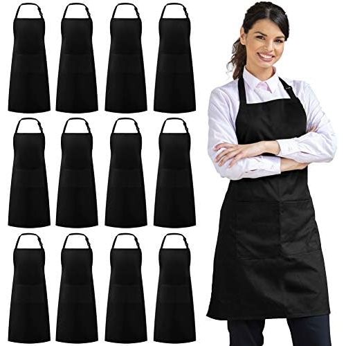  Syntus 12 Pack Adjustable Bib Apron Waterdrop Resistant with 2 Pockets Cooking Kitchen Aprons for BBQ Drawing, Women Men Chef, Black: Kitchen & Dining