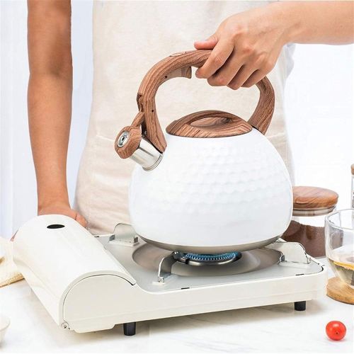  Sysyrqcer 2.8L White Stainless Steel Tea Kettle Whistle Teapot Ergonomic Heat resistant Wood Grain Handle, Suitable for Stove Top