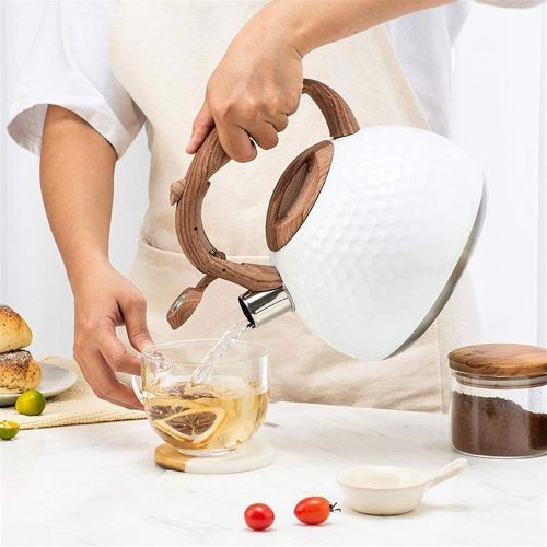  Sysyrqcer 2.8L White Stainless Steel Tea Kettle Whistle Teapot Ergonomic Heat resistant Wood Grain Handle, Suitable for Stove Top