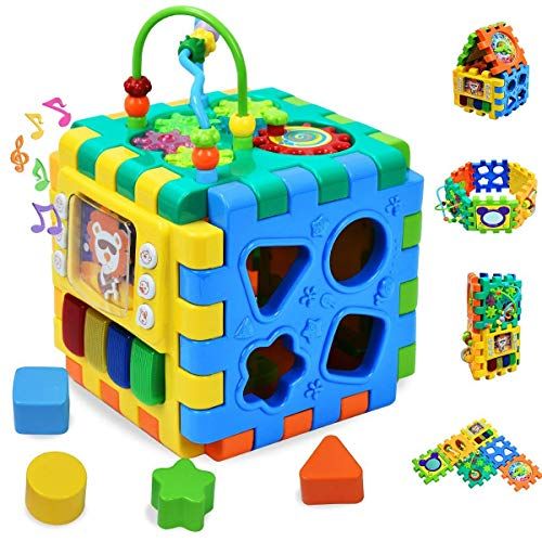  Sytle-Carry Baby Activity Cube Toddler Toys - 6 in 1 Shape Sorter Toys Baby Activity Play Centers for Kids Infants Educational Musci Play Cube Preschool Toys for 1 2 Years Old Boys & Girls(Bat