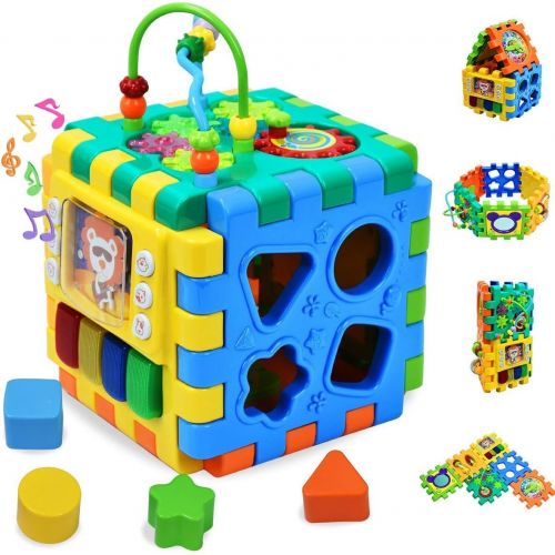  Sytle-Carry Baby Activity Cube Toddler Toys - 6 in 1 Shape Sorter Toys Baby Activity Play Centers for Kids Infants Educational Musci Play Cube Preschool Toys for 1 2 Years Old Boys & Girls(Bat