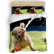 T&H Home Duvet Cover Set Full Size Funny Animal - Little Naughty Wet Dog Bite The Squirt Gun 4 Piece Bedding Set with Flat Sheet/Pillowcase - Breathable Twill Plush with Modern Art