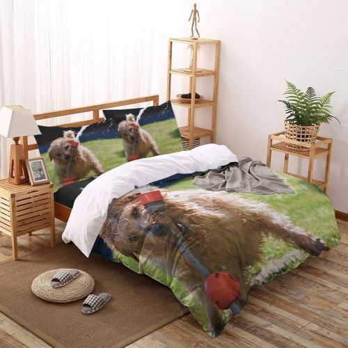  T&H Home Duvet Cover Set Full Size Funny Animal - Little Naughty Wet Dog Bite The Squirt Gun 4 Piece Bedding Set with Flat Sheet/Pillowcase - Breathable Twill Plush with Modern Art