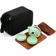 T Tocas Tragbare Reise Kung Fu Tee-Set Chinese/Japanese Style, handgemachte Keramik Teekanne & 2 Schuesseln & Bambus Tee Behalter und Beutel (Hellgruen)