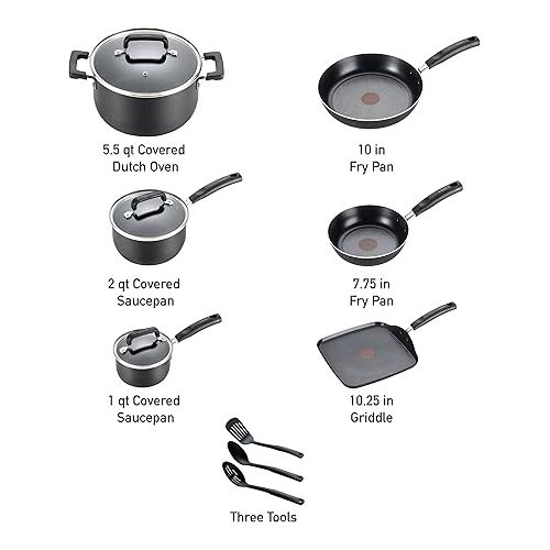 테팔 T-fal Signature Nonstick Cookware Set 12 Piece, Oven Broiler Safe 350F, Pots and Pans, Kitchen Cooking Set w/ Fry Pans, Saucepans, Saute Pan, Dutch Oven, Griddle, Kitchen, Home, Dishwasher Safe, Black