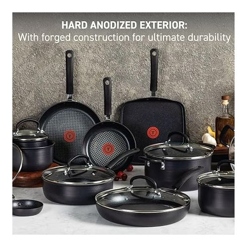 테팔 T-fal Ultimate Hard Anodized Nonstick Cookware Set 17 Piece, Oven Broiler Safe 400F, Lid Safe 350F, Kitchen Cooking Set w/ Fry Pans, Saucepans, Saute Pan, Griddle, Pots and Pans, Dishwasher Safe Black