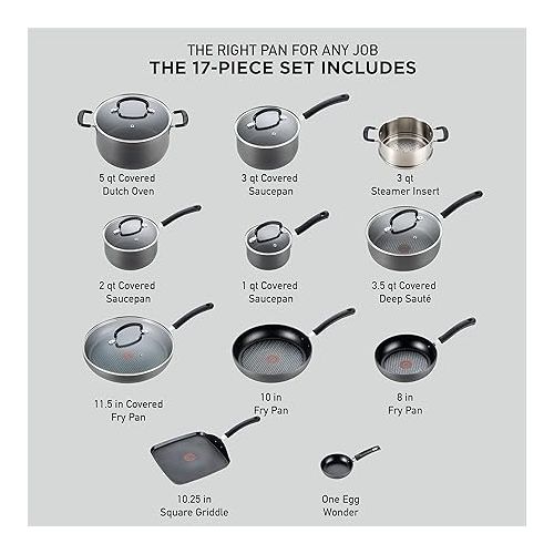 테팔 T-fal Ultimate Hard Anodized Nonstick Cookware Set 17 Piece, Oven Broiler Safe 400F, Lid Safe 350F, Kitchen Cooking Set w/ Fry Pans, Saucepans, Saute Pan, Griddle, Pots and Pans, Dishwasher Safe Black