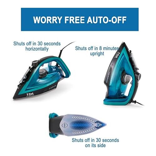 테팔 T-Fal, Iron, Ultraglide Steam Iron for Clothes, Durilium Soleplate, Precision Tip, Anti-Drip, Auto-Off, 1800 Watts, Ironing, Teal Clothes Iron, FV5841U0