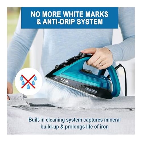 테팔 T-Fal, Iron, Ultraglide Steam Iron for Clothes, Durilium Soleplate, Precision Tip, Anti-Drip, Auto-Off, 1800 Watts, Ironing, Teal Clothes Iron, FV5841U0