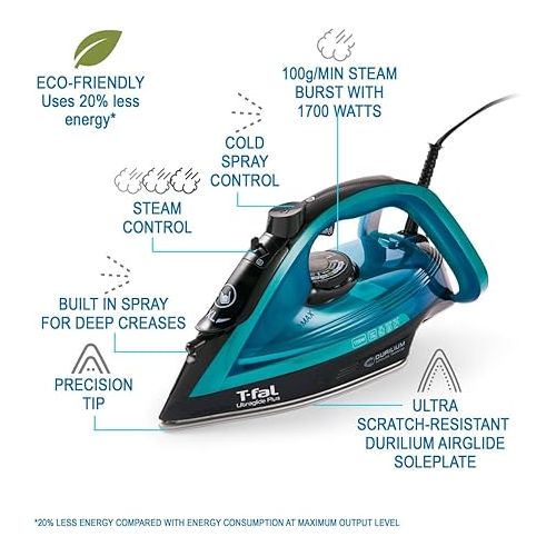 테팔 T-Fal, Iron, Ultraglide Steam Iron for Clothes, Durilium Soleplate, Precision Tip, Anti-Drip, Auto-Off, 1800 Watts, Ironing, Teal Clothes Iron, FV5841U0