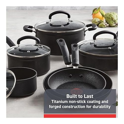 테팔 T-fal Advanced Nonstick Cookware Set 12 Piece, Oven Broiler Safe 350F, Kitchen Cooking Set W/ Fry Pans, Saucepans, Deep Saute, Dutch Oven & Kitchen Utensils, Pots and Pans, Dishwasher Safe, Black