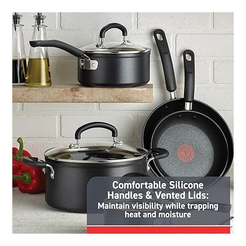 테팔 T-fal Advanced Nonstick Cookware Set 12 Piece, Oven Broiler Safe 350F, Kitchen Cooking Set W/ Fry Pans, Saucepans, Deep Saute, Dutch Oven & Kitchen Utensils, Pots and Pans, Dishwasher Safe, Black