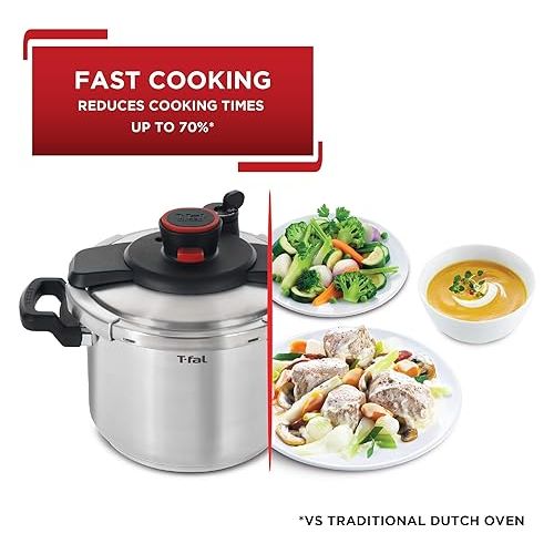 테팔 T-fal Clipso Stainless Steel Pressure Cooker 6.3 Quart, Induction , Secure locking System, One Hand System, Recipe Book Included, Cookware, Pots and Pans, Kitchen, Dishwasher Safe, Silver