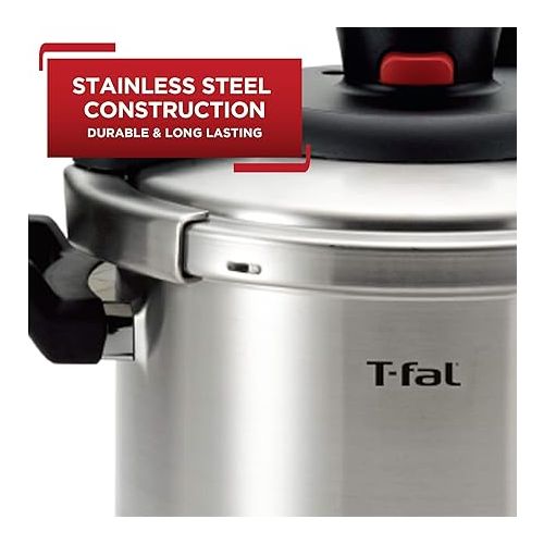 테팔 T-fal Clipso Stainless Steel Pressure Cooker 6.3 Quart, Induction , Secure locking System, One Hand System, Recipe Book Included, Cookware, Pots and Pans, Kitchen, Dishwasher Safe, Silver