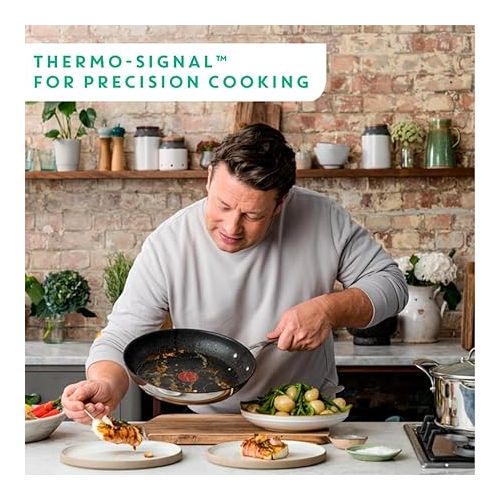 테팔 Tefal Jamie Oliver Cook's Direct Stainless Steel, 2 Piece Frying Pan Set, 24 & 28cm, Non-Stick Coating, Heat Indicator, Riveted Safe-Grip Handle, Induction Hob Compatible, E304S244